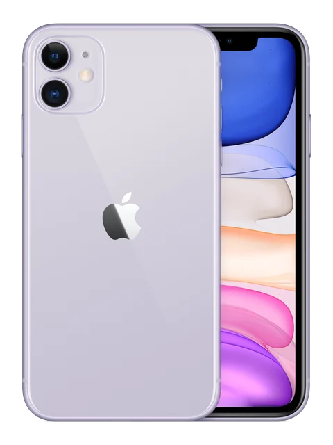 iPhone 11 shown in a front and rear product view