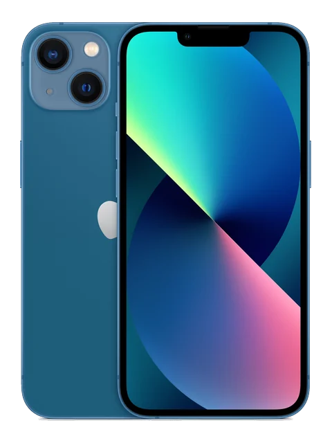iPhone 13 shown in a front and rear product view
