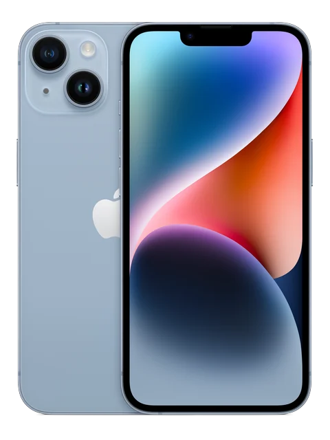 iPhone 14 shown in a front and rear product view