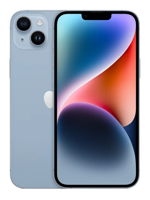 iPhone 14 Plus shown in a front and rear product view