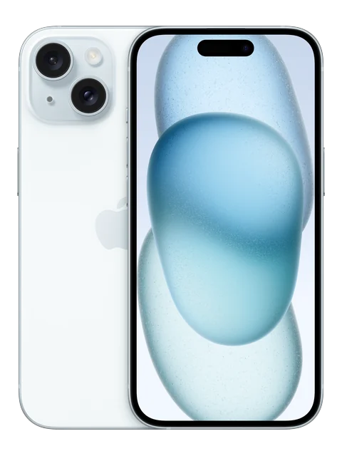 iPhone 15 shown in a front and rear product view