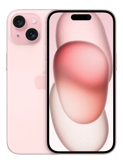 iPhone 15 Plus shown in a front and rear product view