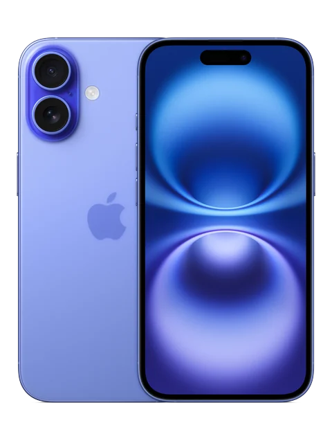 iPhone 16 shown in a front and rear product view