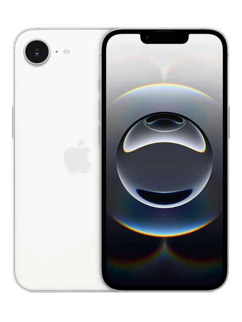 iPhone 16e shown in a front and rear product view
